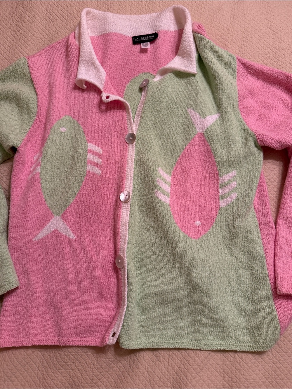 Gibson Pink and Light Green Fish Knit Button-Up Cardigan